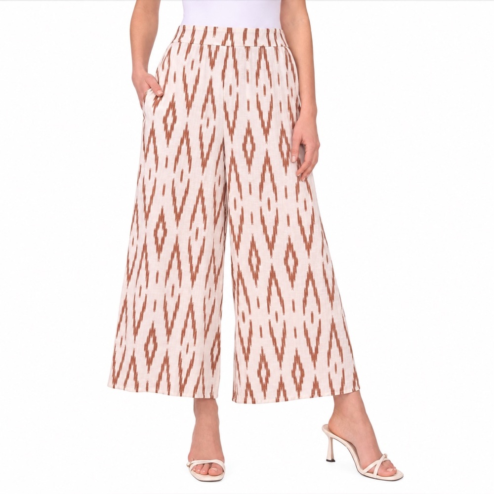 Vince Camuto Ikat Print Wide Leg Pull On Ankle Pants Cream And Tan Size XL